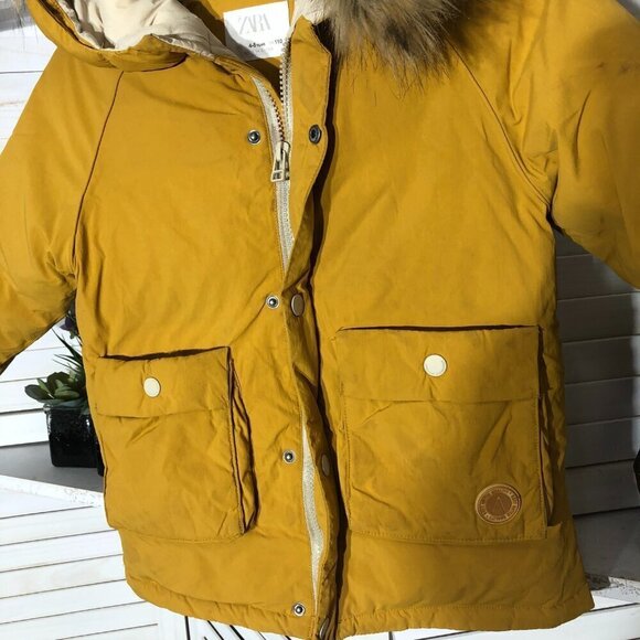 Zara Puffer Jacket Mustard Yellow Faux Fur Hood Size 4/5 - Picture 8 of 9